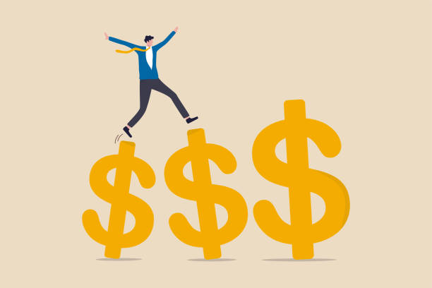 Growth earning investment, increasing income and bonus in career or success in financial business concept, businessman professional manager walking and jumping on growth golden dollar signs.  wages stock illustrations