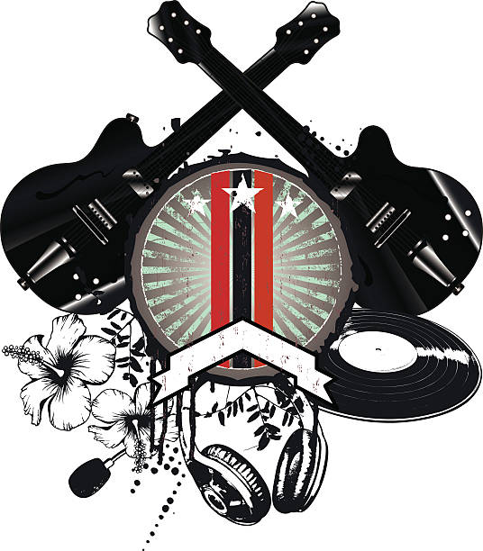 grunge and vintage music crest with black guitars amazing battle guitar music shield with black guitars, headphones, microphone, hibiscus, disc, and banner with copy space mic stencil stock illustrations