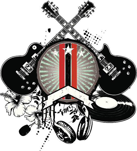 grunge and vintage music shield music shield with speakers, disc, hibiscus, and guitars mic stencil stock illustrations