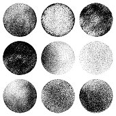 Set of nine grunge circles. Vector design elements isolated black on white background.