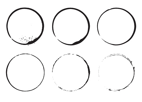 Grunge design element ink circles. Set of cofee ring stains. Black round frames on a white background.