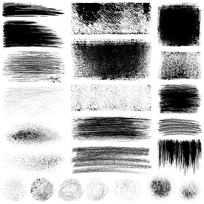 Set of grunge design elements. Black texture backgrounds, circles, brush strokes, scratches, paint roller strokes and different shapes. Isolated vector images black on white.