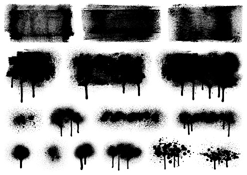 Grunge design elements. Black texture backgrounds and spray paint. Isolated vector images black on white.