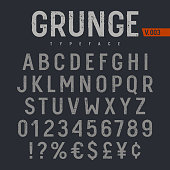 Grunge textured font. Rough stamp textured typeface. Latin alphabet letters and numbers.