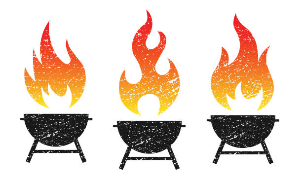 grunge grill feuer flamme vektor illustration bild. bbq-logo-symbol. - grillen stock-grafiken, -clipart, -cartoons und -symbole