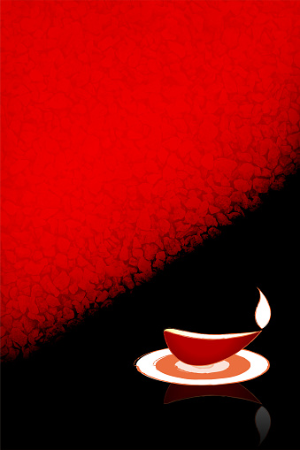 Grunge maroon or dark red and black coloured backgrounds Deepawali greeting card with one lighted diya or deepak placed over circular Diwali rangoli pattern and copy space