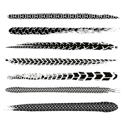 Motorcycle tire tracks vector illustration. Grunge automotive element useful for poster, print, flyer, book, booklet, brochure and leaflet design. Editable graphic image in black color isolated on a white background. vector