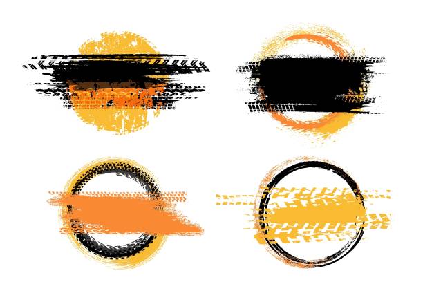 Grunge off-road stamps set Grunge off-road post and quality stamps set. Automotive element useful for banner, sign, logo, icon, label and badge design . Tire tracks vector illustration. Yellow colour cycling backgrounds stock illustrations