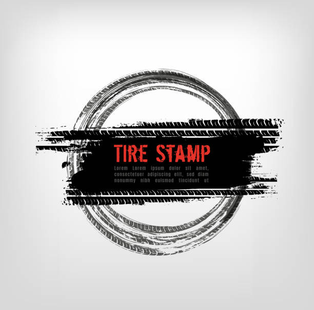 Grunge off-road tire stamp Grunge off-road post and quality stamp. Automotive element useful for banner, sign, logo, icon, label and badge design . Tire tracks textured vector illustration isolated on light greybackground. car borders stock illustrations
