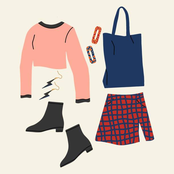 bildbanksillustrationer, clip art samt tecknat material och ikoner med grunge outfit with various decorations. a modern look with a plaid skirt, sweater, canvas bag and boots. flat vector illustration isolated on white background. - earring above
