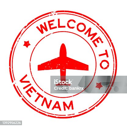 istock Grunge red welcome to Vietnam word with airplane icon round rubber seal stamp on white background 1392956226