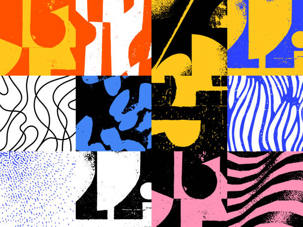 stockillustraties, clipart, cartoons en iconen met grunge revival patroon artwork design compositie - blok vorm