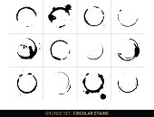 Set with 12 different, vectorized grunge rings. The grunge effect is based on circular coffee, wine and ink stains on paper. Color can be easily changed.