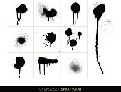 Set with 10 different, vectorized blobs of spray paint in black on white background. The grunge effect is based on real spray paint and shows blobs, drips, speckled and running paint. Color can be easily changed.