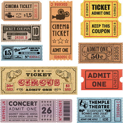 A collection of 11 vector grunted Tickets, Vector file is organized with layers, with every ticket divided into 3 layers, separating Background Shape from the texture effect and text.