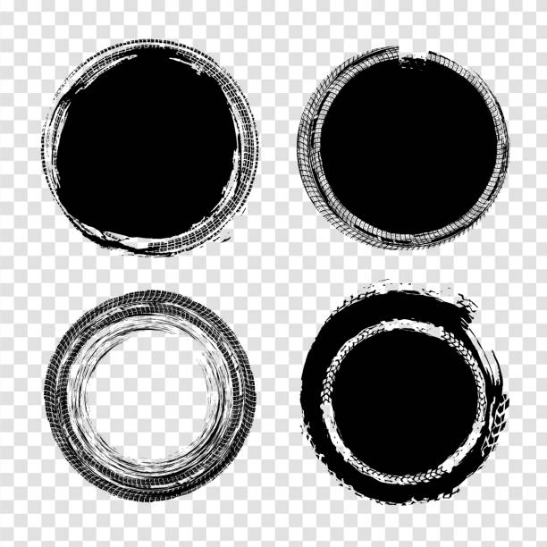 Grunge Tire Set Grunge off-road stamp shaped elements. Automotive collection useful for banner, quality sign, logo, icon, label and badge design . Tire tracks vector illustration in black colour isolated on a transparent background. truck borders stock illustrations