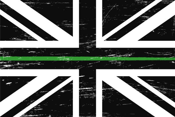 гранж флаг соединенного королевства с тонкой зеленой линией - знак в честь и уважение британского пограничного патруля, парк рейнджеров и ф - rangers stock illustrations