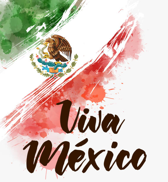 Grunge watercolored Mexico flag banner Abstract grunge watercolor painted flag of Mexico. Template for national holiday background. Horizontal banner holiday template. Handwritten modern calligraphy lettering text: Viva Mexico mexican independence day stock illustrations