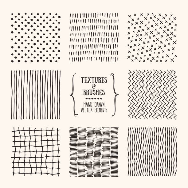 Grungy hand drawn textures, brush strokes. Design template collection. Abstract vector clipart set isolatad on white background. Hand drawn textures and brushes. Artistic collection of square design elements, graphic patterns, geometric ornaments, abstract lines made with ink. Isolated vector set. pattern drawings stock illustrations