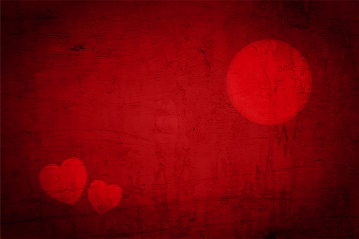 Grungy messy smudged textured effect horizontal, rustic grunge horizontal vector love or valentine theme backgrounds of a dark red or maroon color with an outline of two hearts and a circular moon