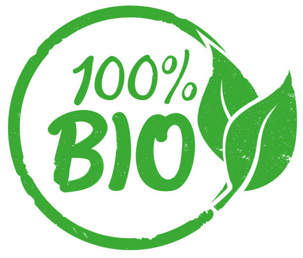 ilustrações de stock, clip art, desenhos animados e ícones de grungy round green 100% bio label or rubber stamp print with leaves on white background - bio