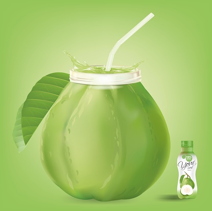 Guava juice bottle with splashing straw.the bottle of guava juice with guava