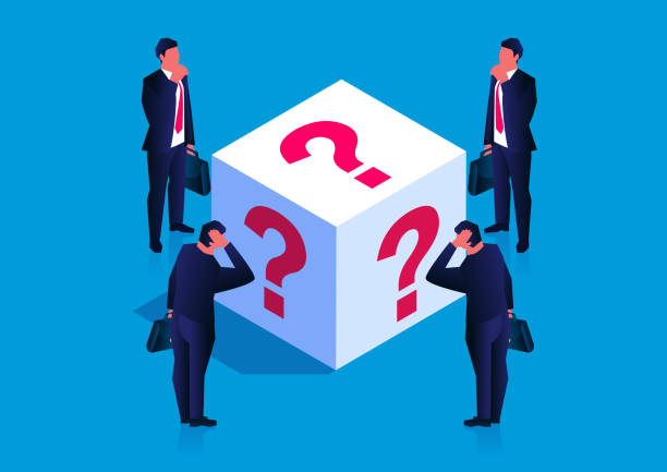 Guess and doubt, isometric businessman standing and thinking about things inside a box with question marks vector art illustration