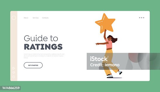 istock Guide to Ratings Landing Page Template. Woman Hold Yellow Star to Rate Service or Goods. Feedback, Customer Rating Star 1414866259