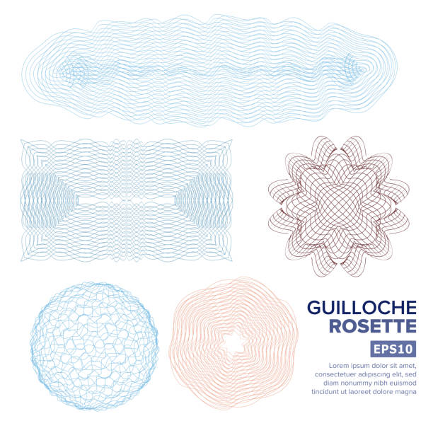 Guilloche Rosette Set Vector. Decorative Abstract Rosette Elements For Diploma, Certificate, Money Or Passport. Guilloche Background Rosette. Vector Illustration Guilloche Rosette Vector. Decorative Rosette Elements For Diploma Or Passport. Guilloche Background security borders stock illustrations