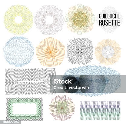 istock Guilloche Rosette Set Vector. Vintage Certificate Background. Guilloche Watermark. Border Frame. Round Engraving. Graphic Elegance Curve Ornament Element. Swirl Stamp Illustration 1168127062