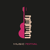 Guitar piano hand drawn flat colorful music vector icon. Classic Guitar piano keyboard silhouette design element. Vintage musical instrument emblem template. Advertising event background illustration