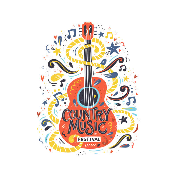 Guitar Country Music Illustration with acoustic guitar and hand lettering. Great element for music festival or t-shirt. Vector concept. guitar patterns stock illustrations