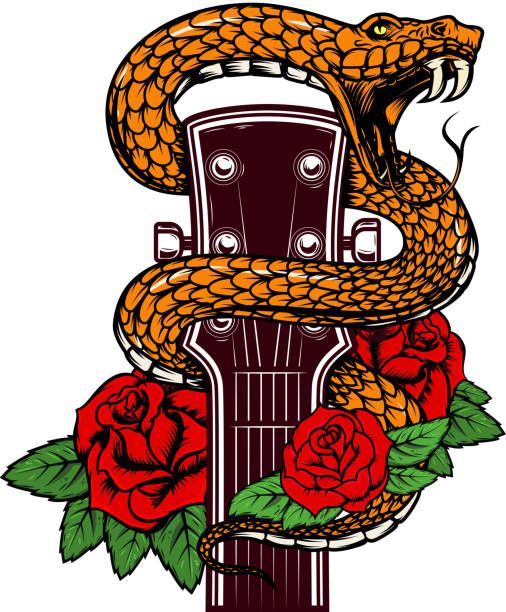 ilustrações de stock, clip art, desenhos animados e ícones de guitar head with snake and roses. design element for poster, card, banner, emblem, t shirt. - rock rose