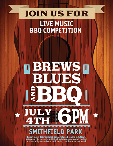 Guitar Music Barbecue Event Invitation vertical Template. BBQ Invitation With a brown guitar on wood grain textured background.  The white text is a top of the guitar with a banner across the top of template.  Celebration for July 4th party and barbecue invitation. vector