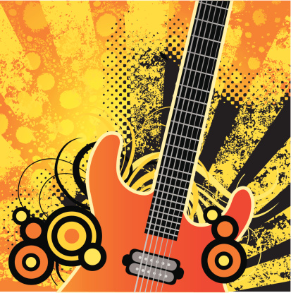 Electric guitar with grunge background and retro elements.