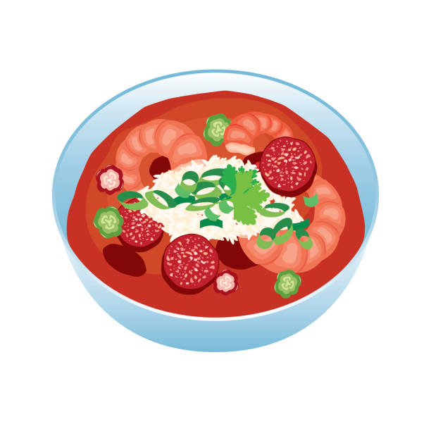 Gumbo soup icon vector Bowl of soup with shrimp, sausage and rice icon vector. Classic meal in Louisiana vector. Seafood soup icon isolated on a white background gumbo stock illustrations