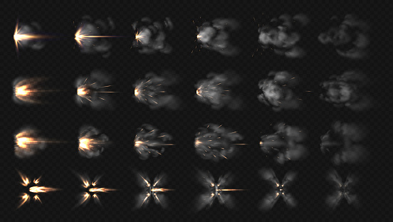Gun flash effects. Realistic special effects steps of smoke clouds and shotgun fire, muzzle flash and explode. Vector isolated set