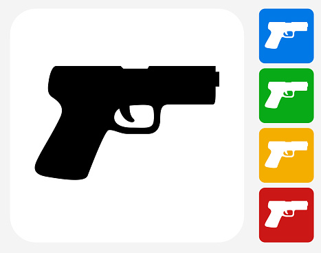 Gun Icon. This 100% royalty free vector illustration features the main icon pictured in black inside a white square. The alternative color options in blue, green, yellow and red are on the right of the icon and are arranged in a vertical column.