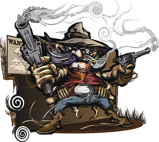 ilustraciones, imágenes clip art, dibujos animados e iconos de stock de pistola slinging western outlaw - texas shooting