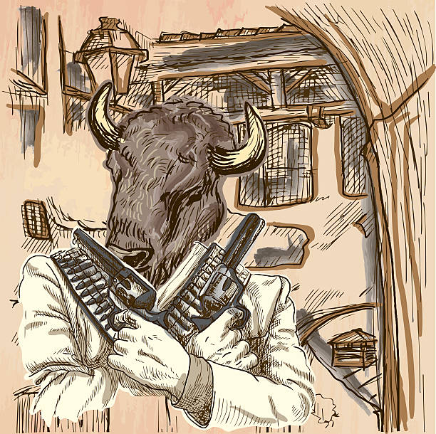 Gunman. Bison - An hand drawn vector. Line art. Gunman. Animal Shooter - Bison. Freehand sketching, line drawing. An hand drawn vector illustration. Colored background is isolated. Line art technique. Colored. Vector is easy editable. buffalo shooting stock illustrations
