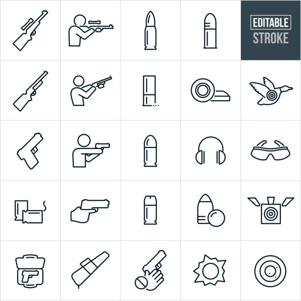 Guns And Bullets Thin Line Icons - Editable Stroke A set of guns and bullets icons that include editable strokes or outlines using the EPS vector file. The icons include a rifle, shotgun, hand gun, different types of ammunition. They also include a person shooting a rifle, shotgun and hand gun. The icons also include a target, clay pigeons, ear and eye protection, gun cases and a child safety icon. weapon stock illustrations