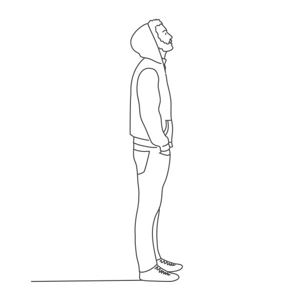 Guy in a hoodie is looking up Guy in a hoodie is looking up. Line drawing vector illustration. looking up stock illustrations