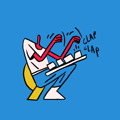 Guy Tapping On Giant Keyboard. Vector Isolated on blue. Illustration Art for print, poster and shirt. Modern and Trendy Art, Keith Haring Vibes,