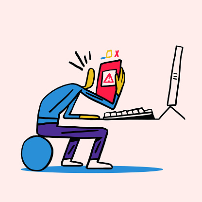 Guy with trouble Holding Error message from his computer. Technology trouble Vector Concept and minimalist hand drawn with Bold line and primary color.