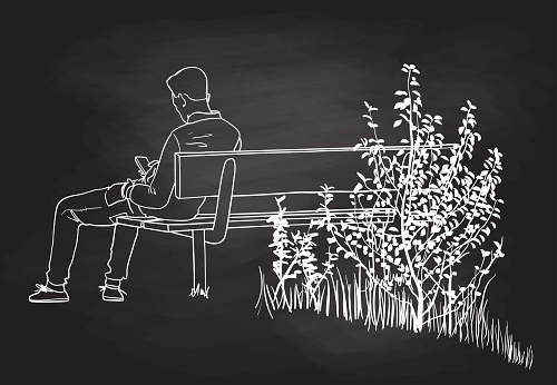 Young man in a secluded park bench relaxing and playing on his smart phone in this vector illustration sketch drawing.