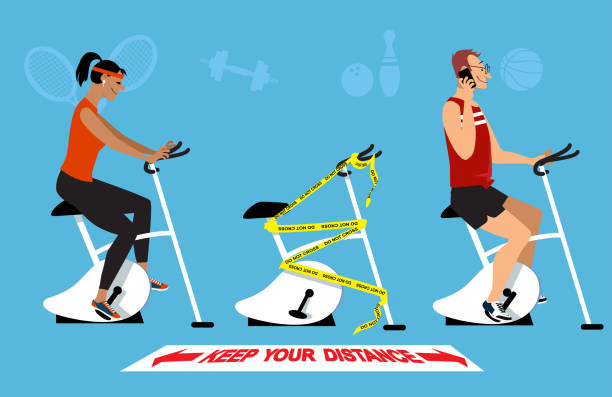 Gym after Covid-19 People working out in a gym following post lockdown safety protocol of physical distancing and hygiene, EPS 8 vector illustration peloton stock illustrations