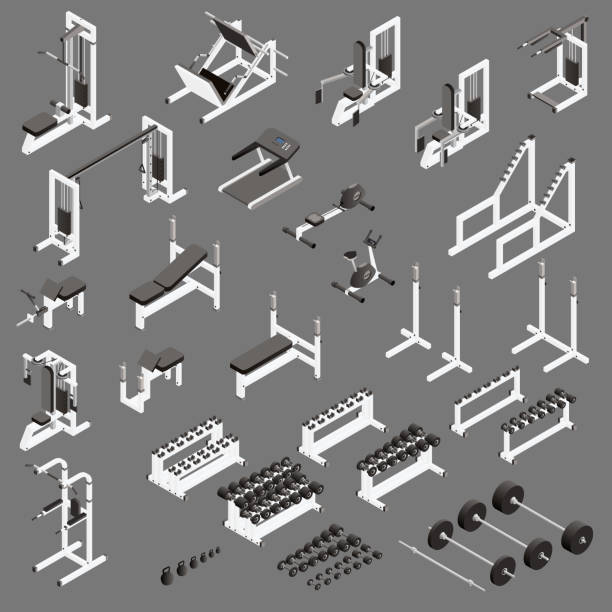 illustrations, cliparts, dessins animés et icônes de ensemble isométrique d'équipement et de machines de gymnastique. vecteur. - présentoir blanc 3d
