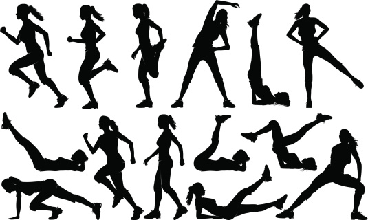 Detailed silhouettes set of woman exercising, running and walking.