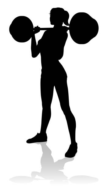 gym frau silhouette langhantel gewichte - gewichtheben stock-grafiken, -clipart, -cartoons und -symbole