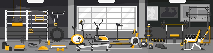 Gym zoning concept. Gym of fitness center interior design in cartoon style with gym, weights equipment and Elliptical Machine Cross Trainer, Treadmill, Rowing Machine and Bike. Vector Gym Equipment set.